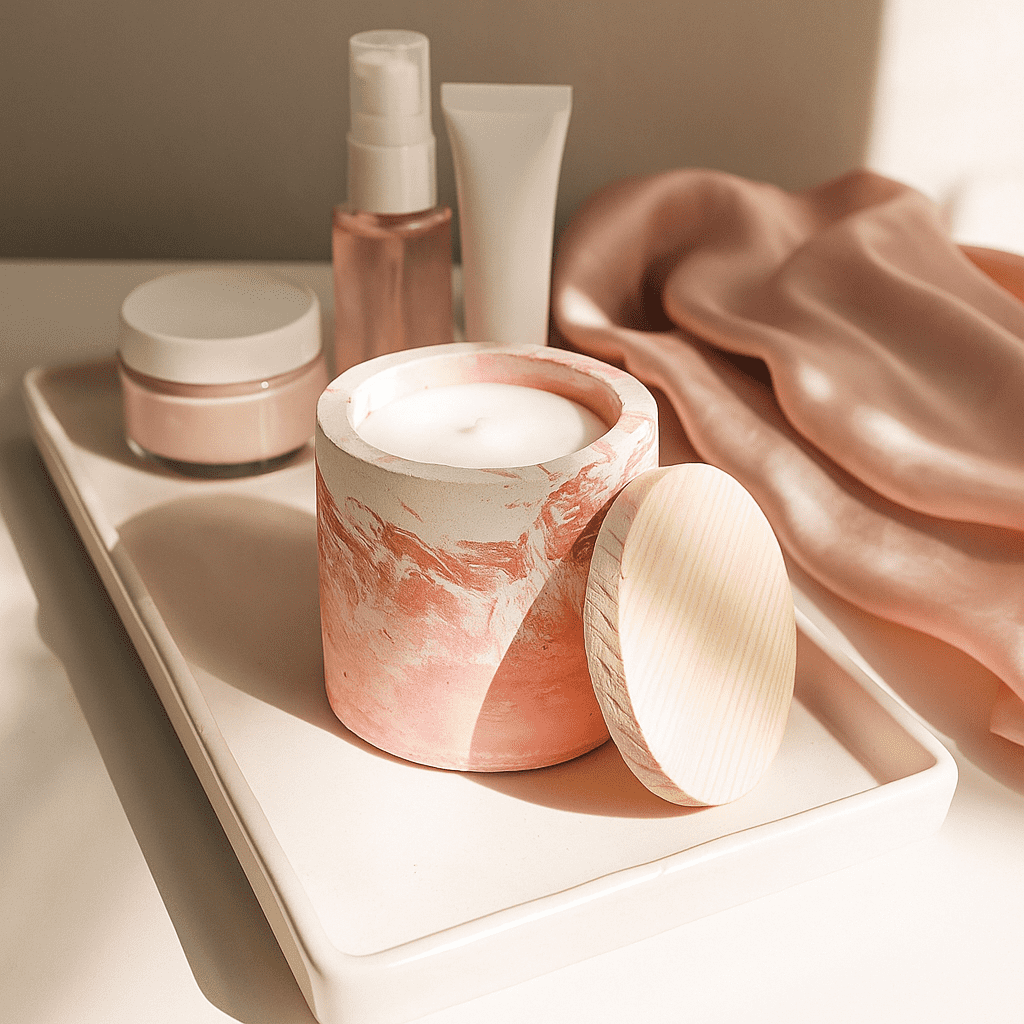 French cut roses marbled concrete candle jar, 3.25x3.25x3.5 inches, 606g