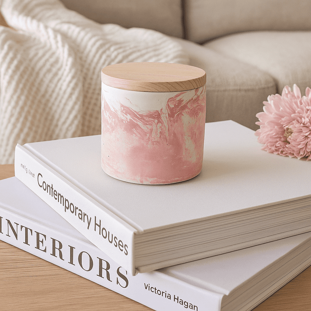 Marbled concrete candle jar on vanity lifestyle shot