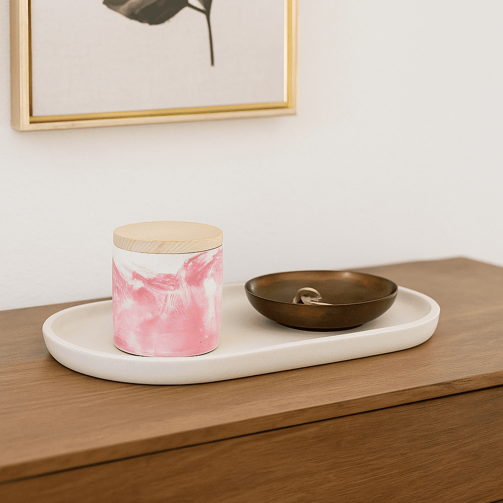 Marbled concrete jar candle in elegant entryway