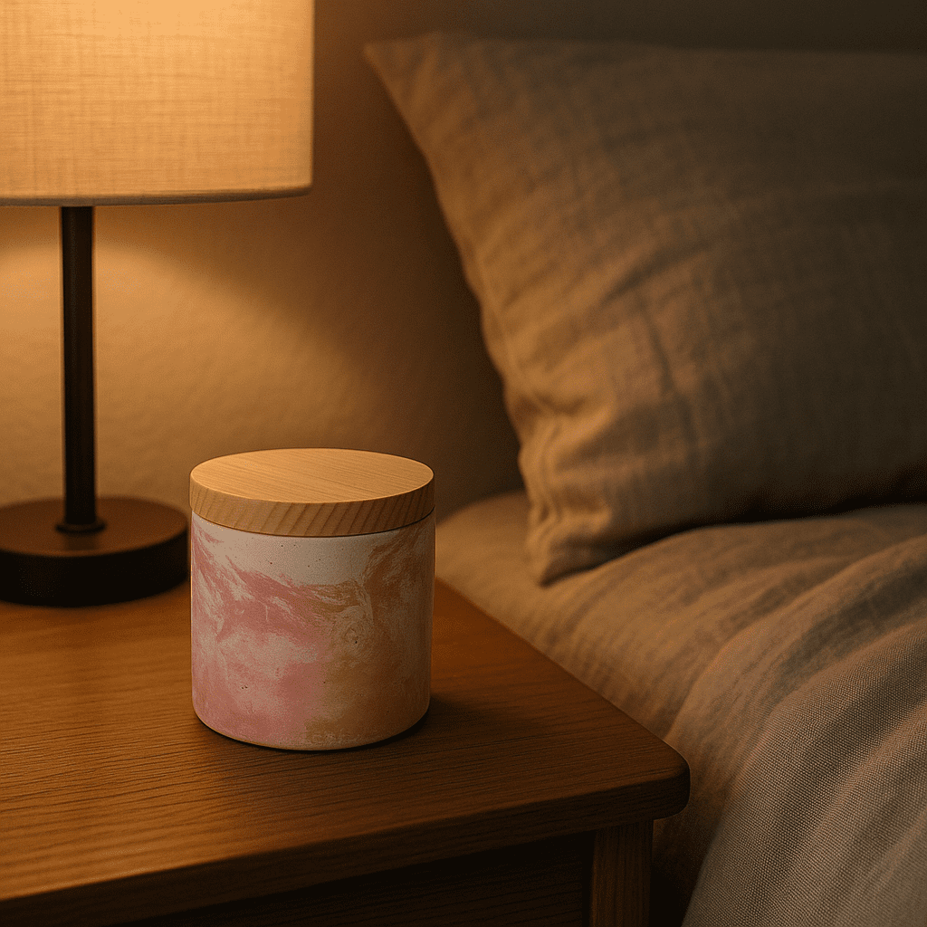 Marbled concrete candle jar on serene nightstand