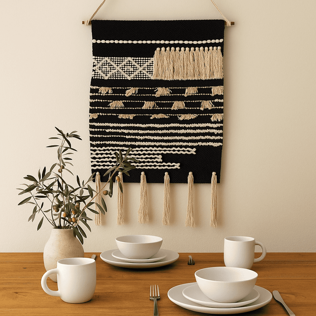 Textured cotton tassel wall hanging styled in a boho living room