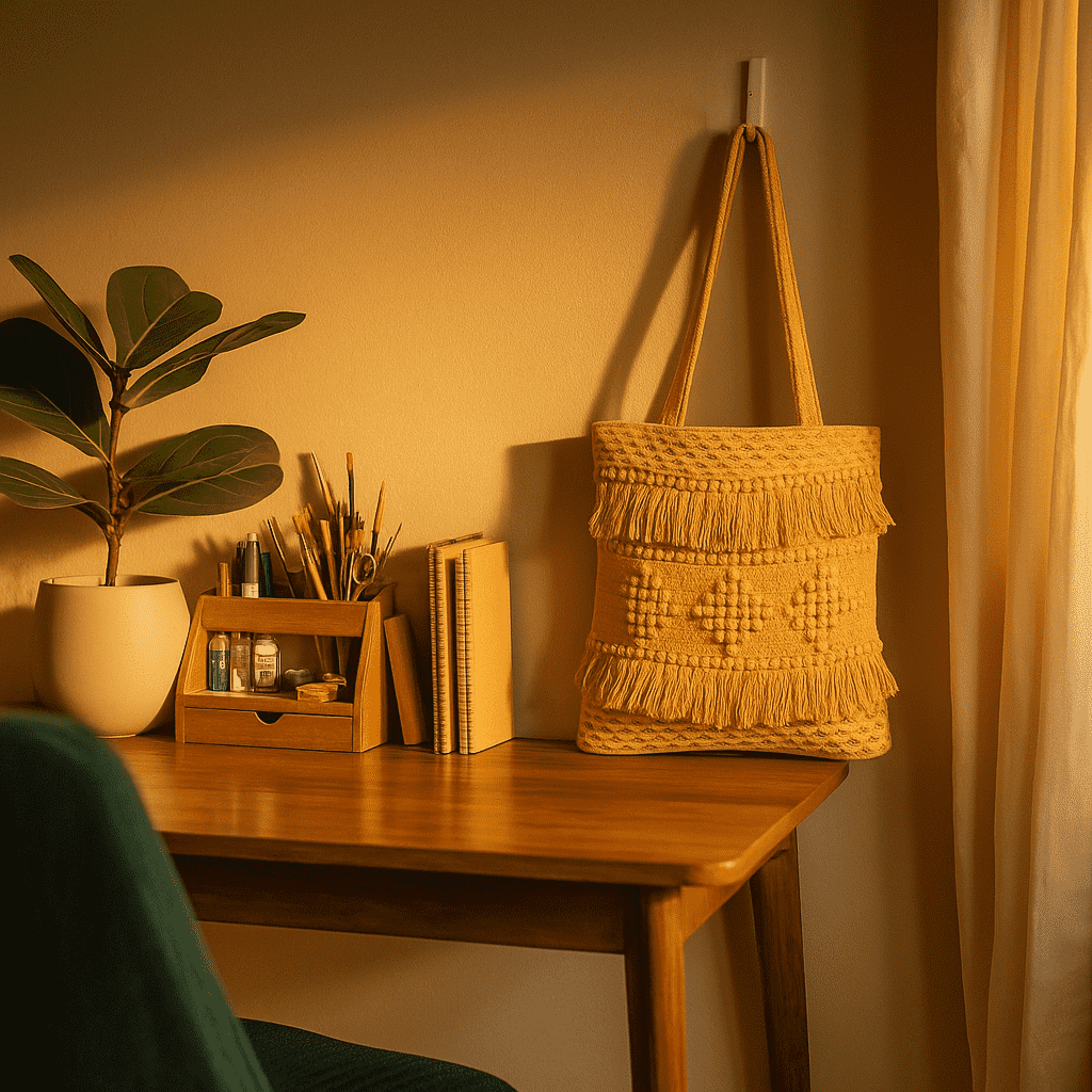 Honey tufted tote bag angled view