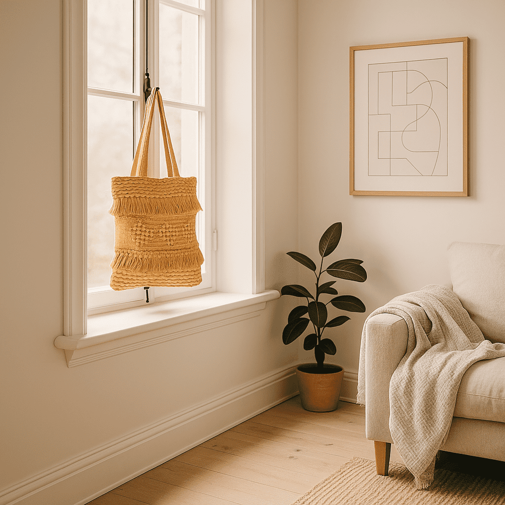 Honey tufted tote bag side view with tassels