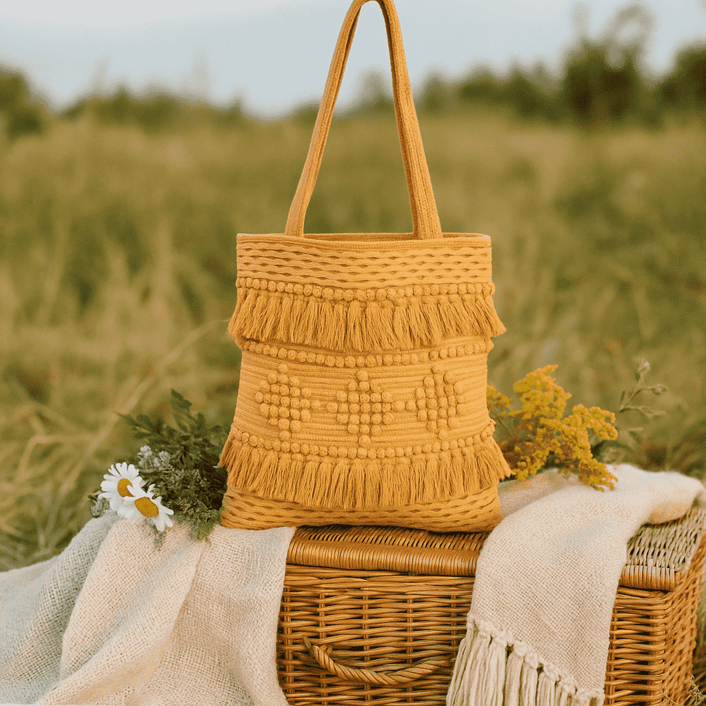 Honey tufted tote bag worn on shoulder