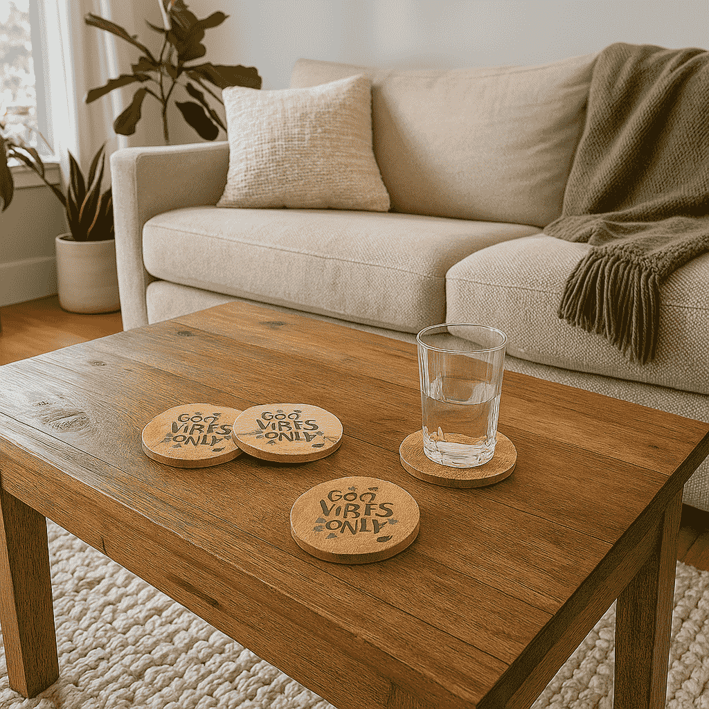 Good vibes coasters styled with a mug