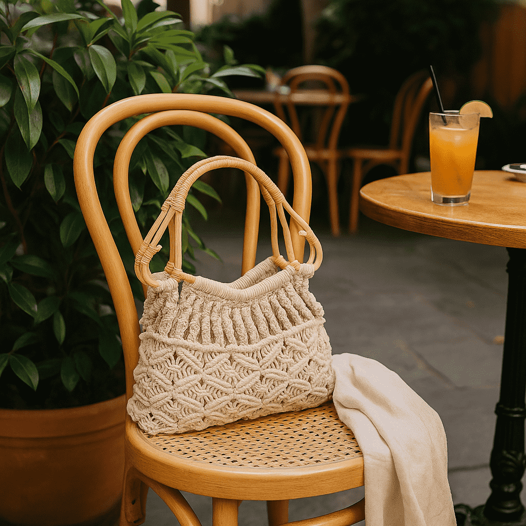 Boho Macrame Cotton Handbag with cane handles