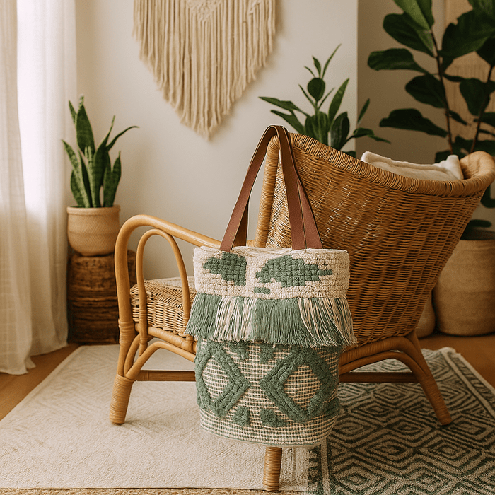 Olive tassel tote bag interior view