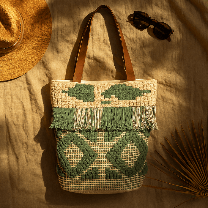 Olive tassel tote bag close-up of tufted texture