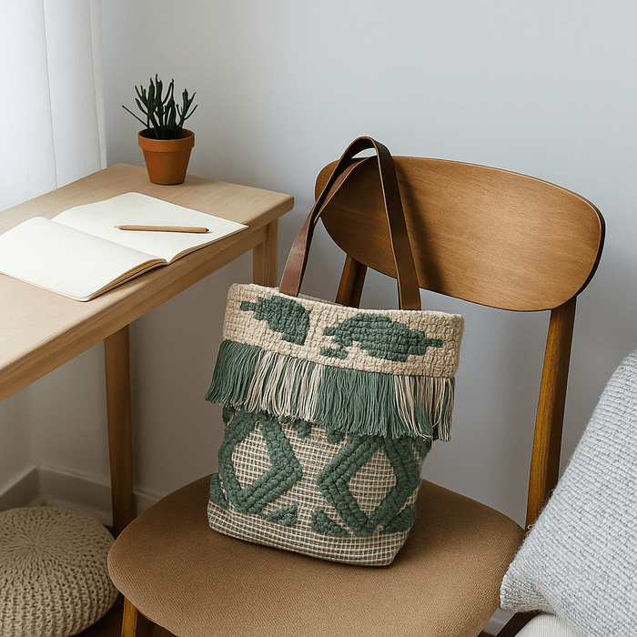 Olive tassel tote bag side view with tassels