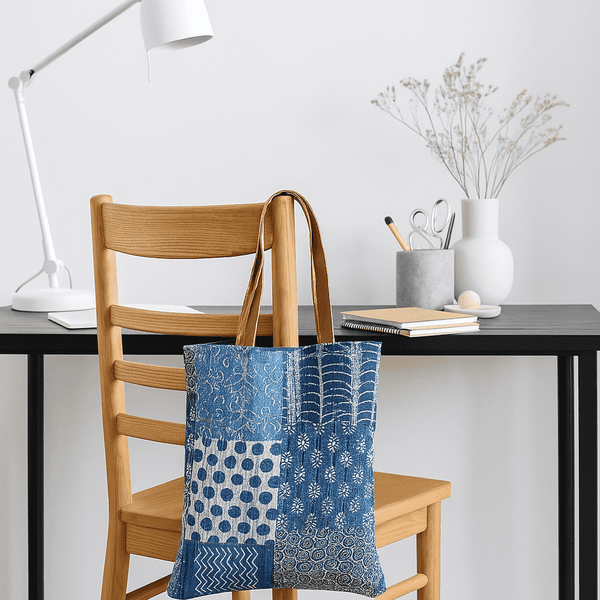 Indigo Patchwork Tote Bag | Kantha Cotton | Gleemium