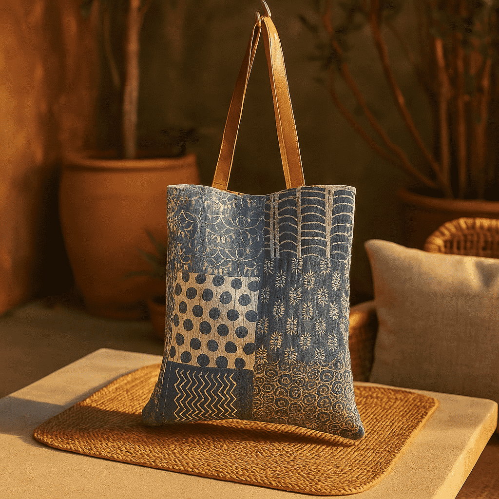 Indigo patchwork tote bag worn on shoulder