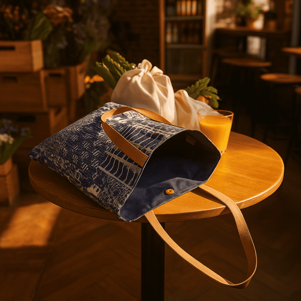 Indigo patchwork tote bag interior view