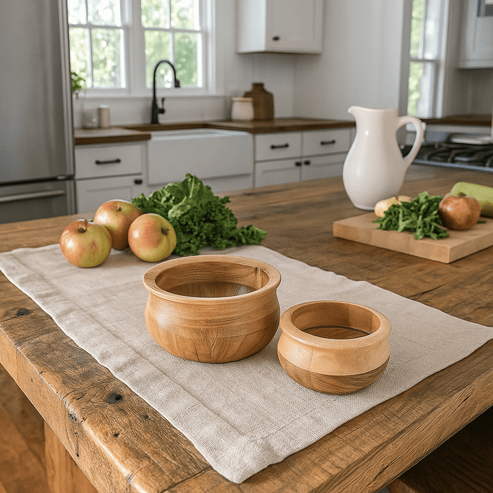 Raw acacia bowls nested view