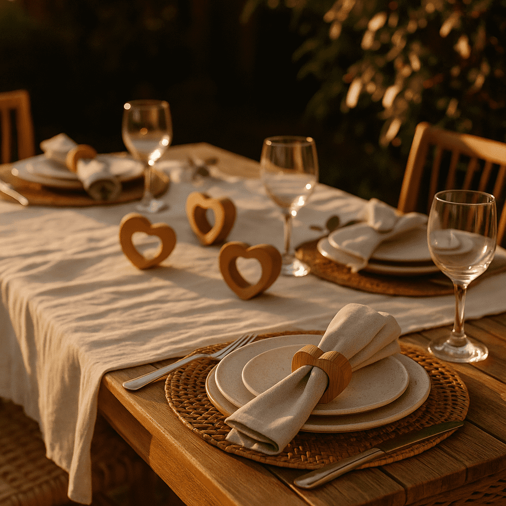 Mango wood napkin rings close-up of heart cut-out