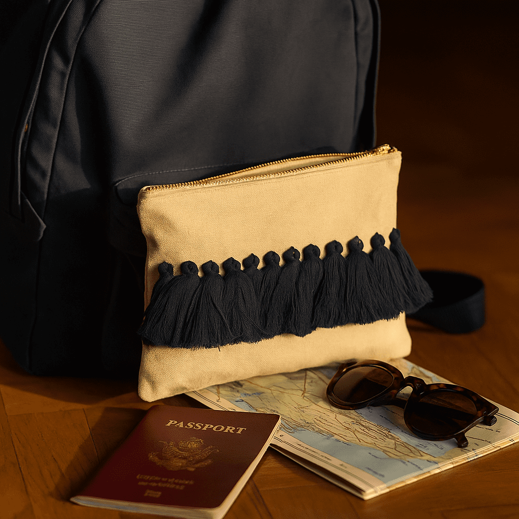 Angled view of the handmade cotton pouch