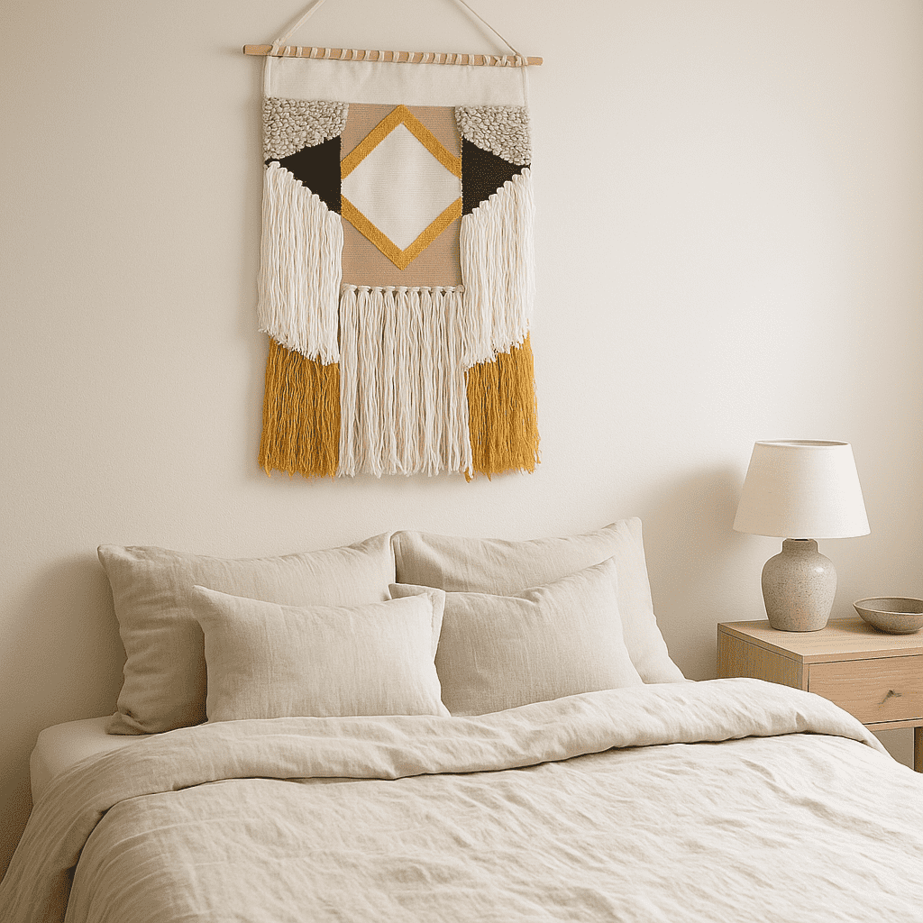 Diamond tufted wool wall hanging detail of fringe at the bottom