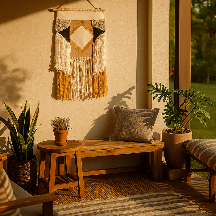 Diamond tufted wool wall hanging styled in a boho room