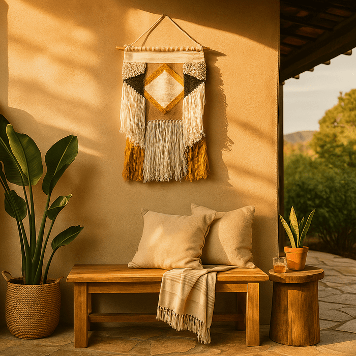 Diamond tufted wool wall hanging shown at an angle