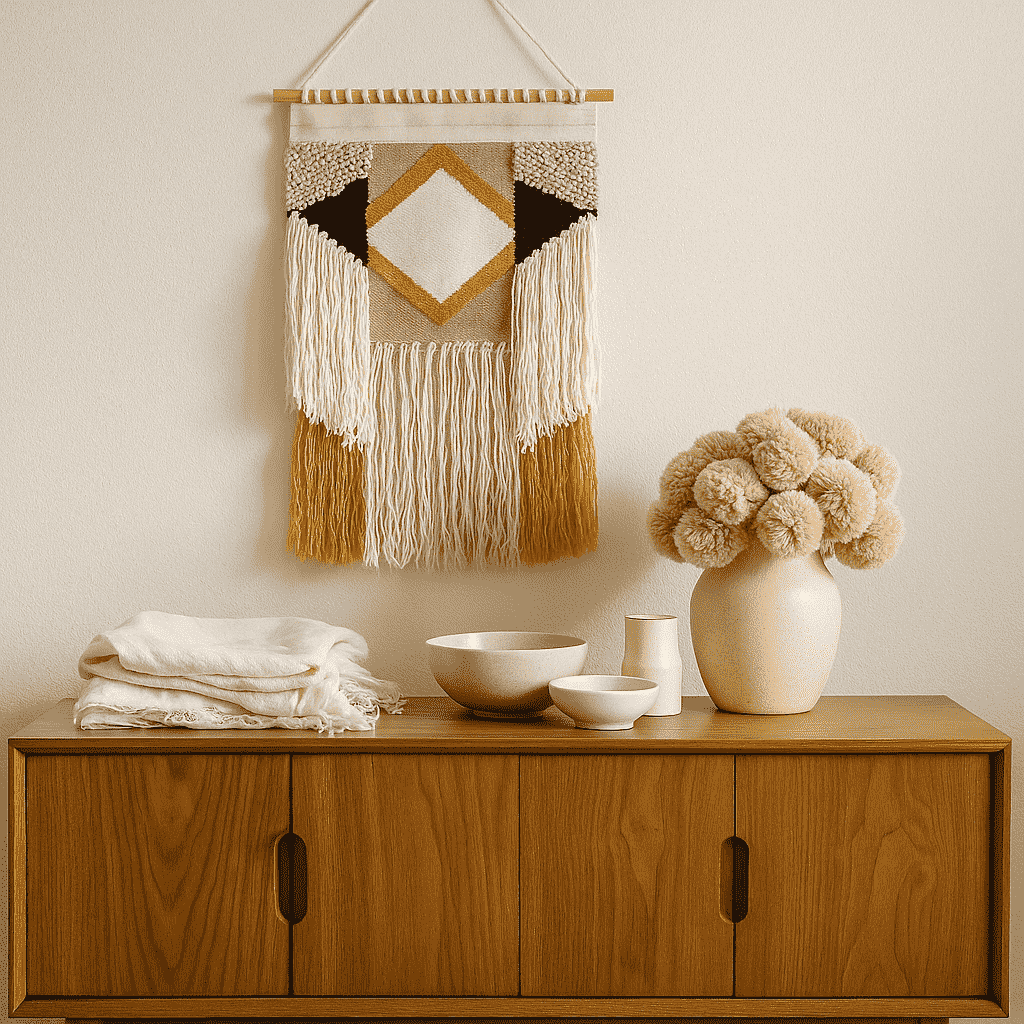 Diamond tufted wool wall hanging on a plain wall