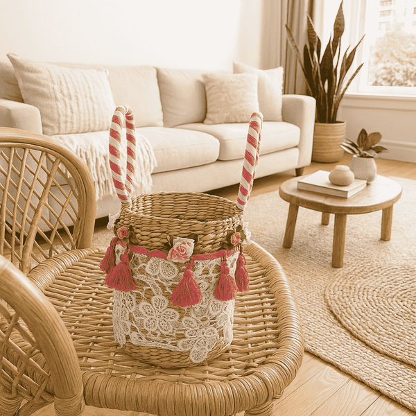 Floral Lace Tasseled Woven Bucket Bag – Handcrafted Cane Elegance
