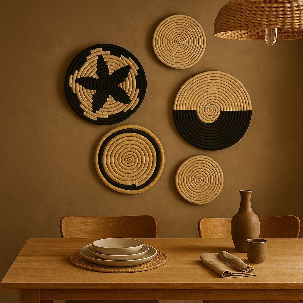Sabai grass wall plates set of 5 styled in a boho hallway