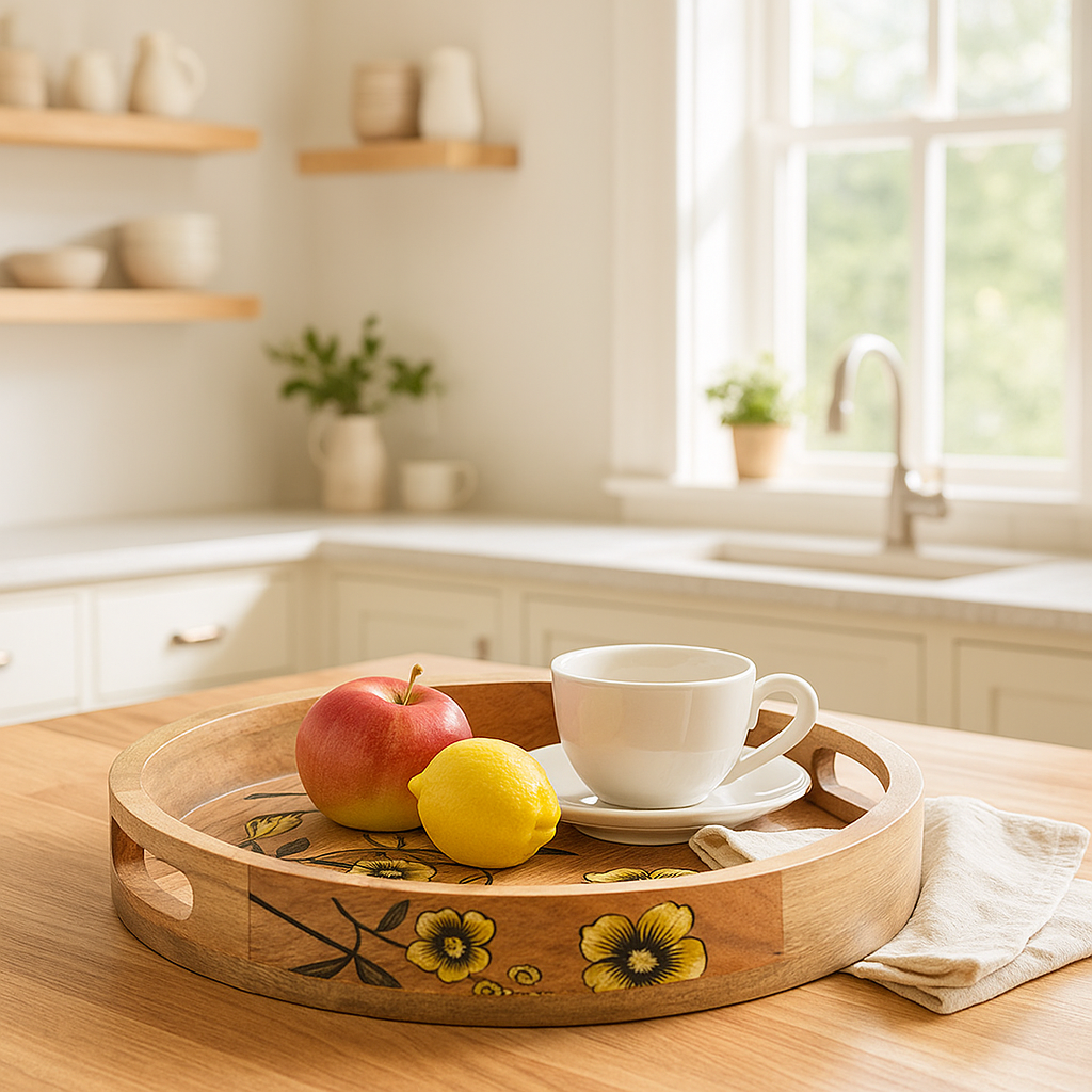 Printed mango wood tray side view