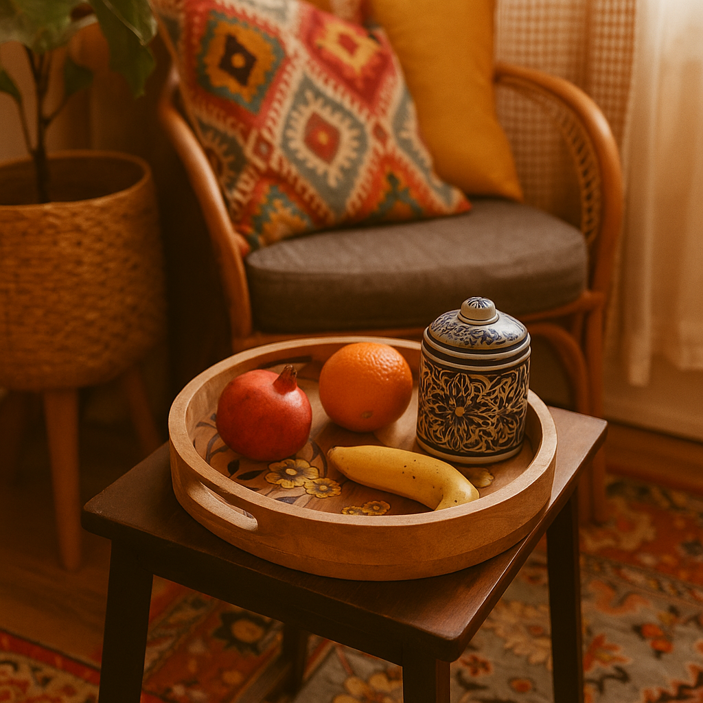 Printed mango wood tray at an angle