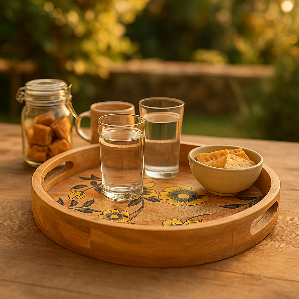 Printed mango wood tray detail close-up