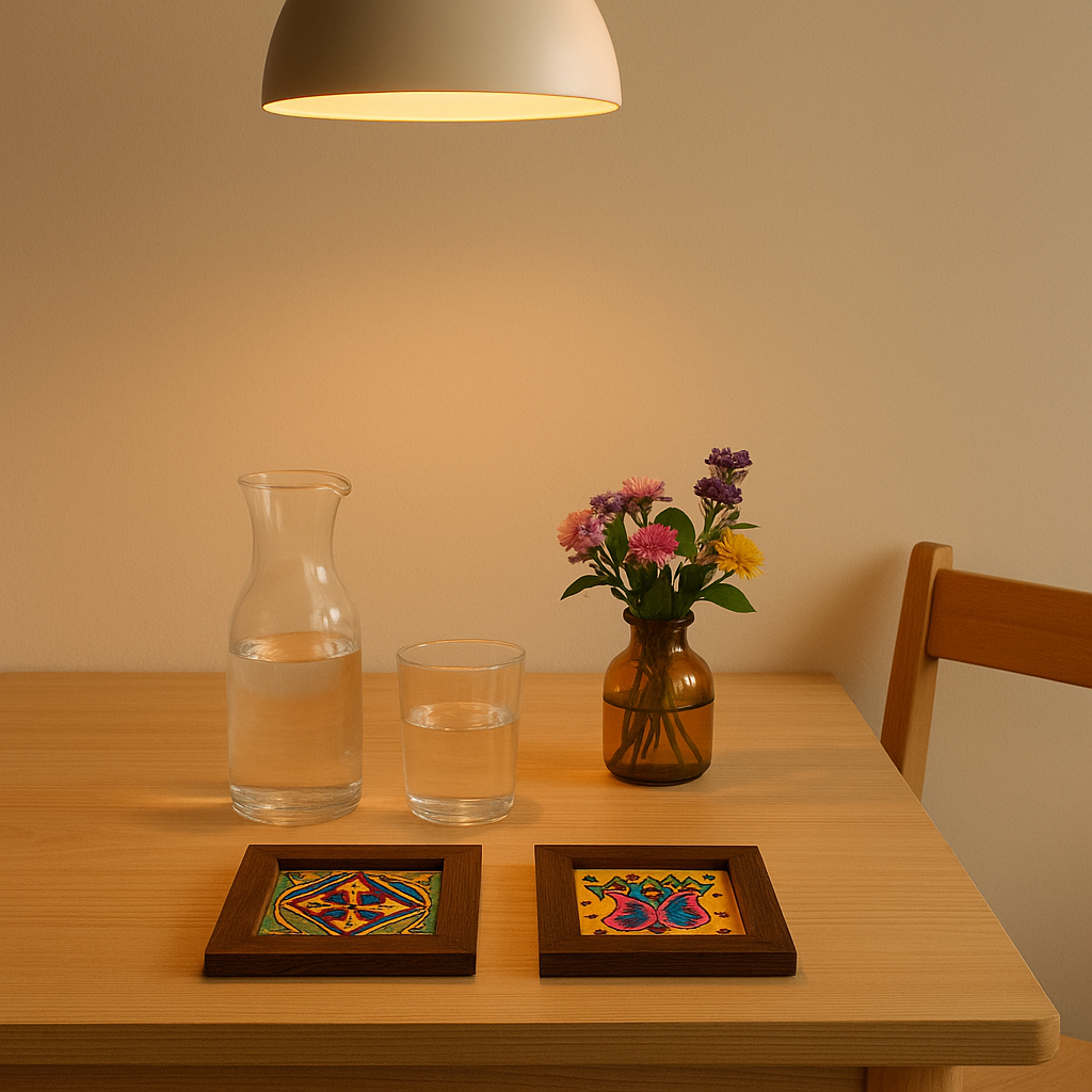 Hand painted leather coasters styled with a drink