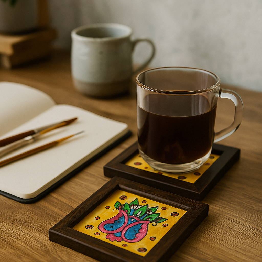 Hand painted leather coasters at an angle