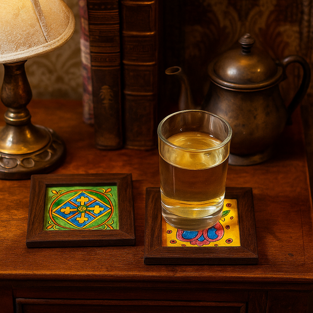 Hand painted leather coasters parchment detail