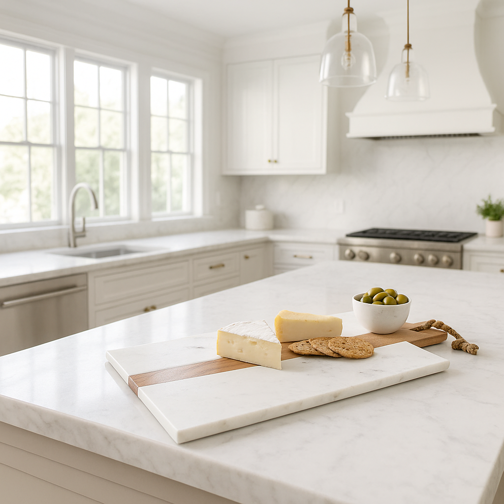 Marble acacia cheeseboard with cheese