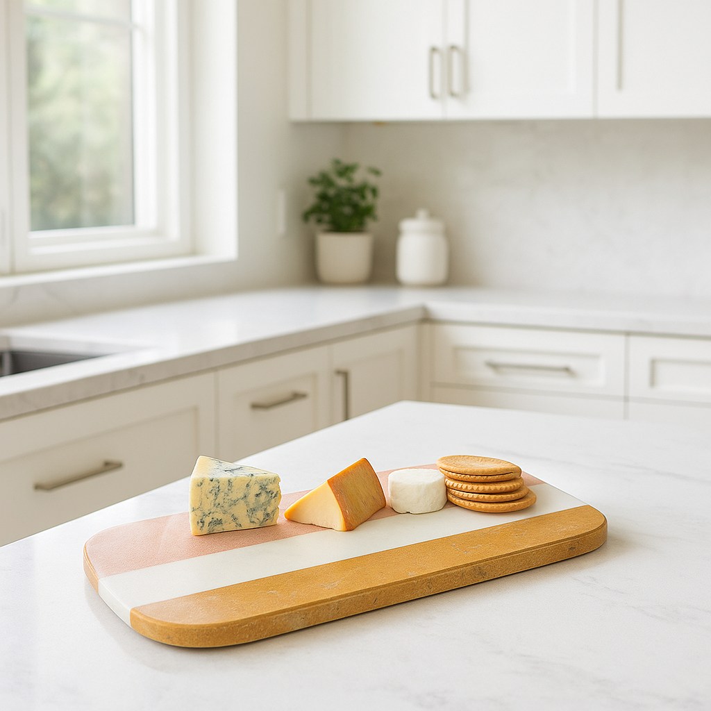 Striped marble cheeseboard on table