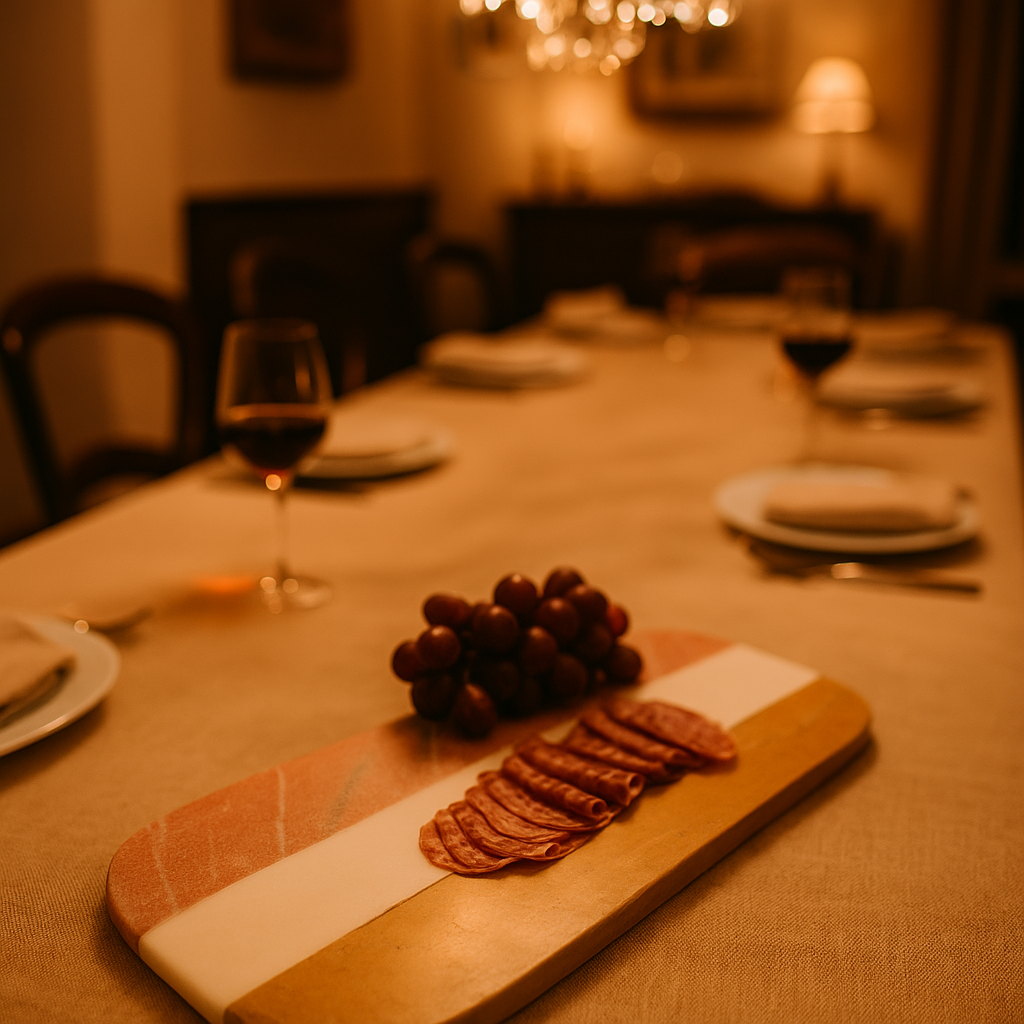 Striped marble cheeseboard with cheese