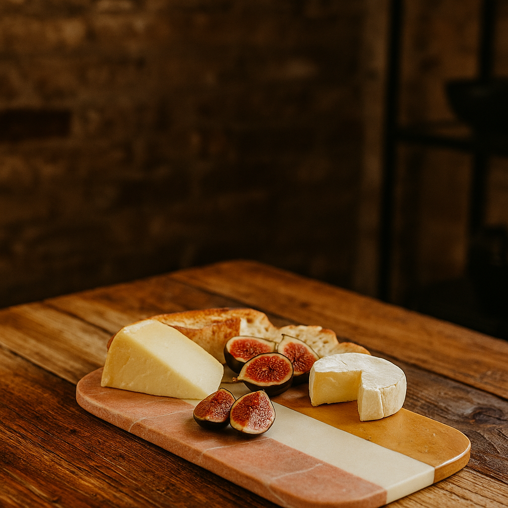 Striped marble cheeseboard with charcuterie