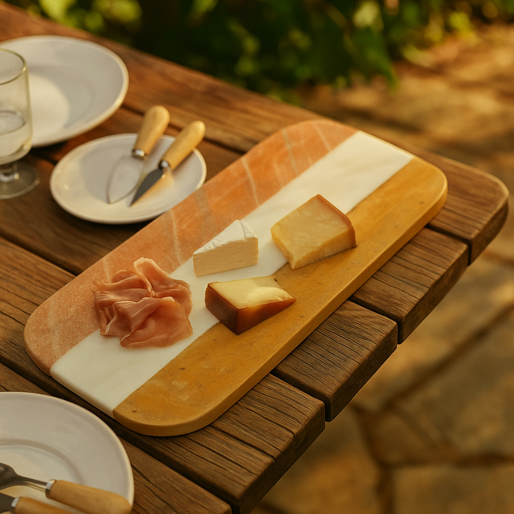 Striped marble cheeseboard detail shot