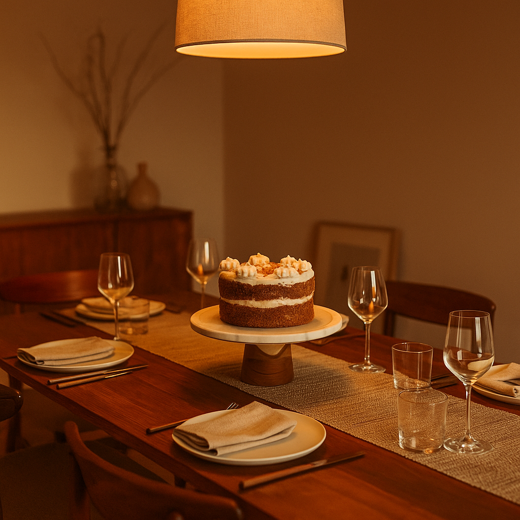 Elegant white marble cake plate with acacia wood base