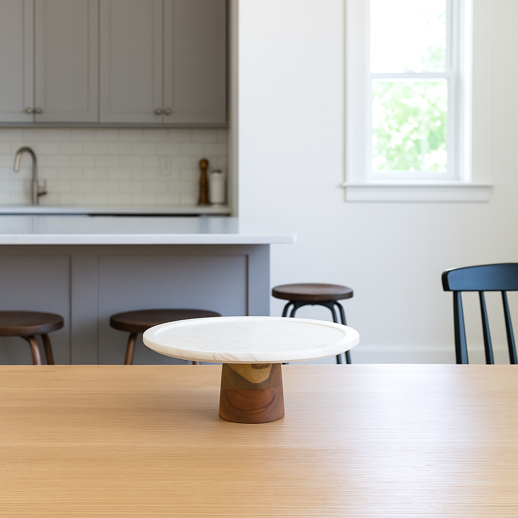 Marble cake plate angled showing veining and acacia base