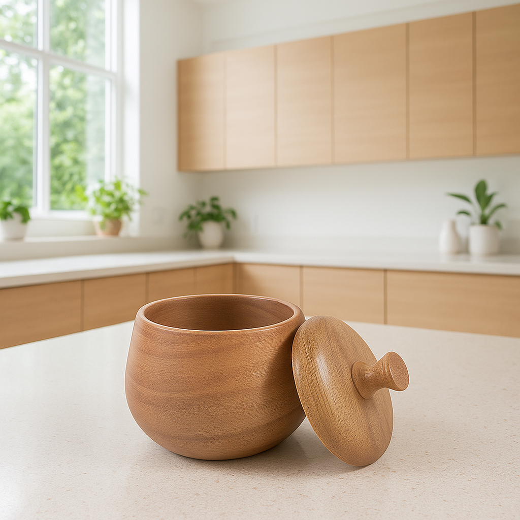 Acacia wood jar detail shot