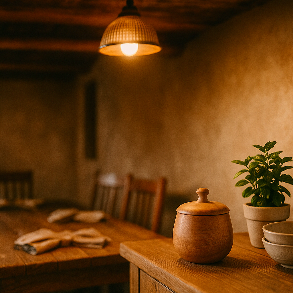 Acacia wood jar on kitchen bench