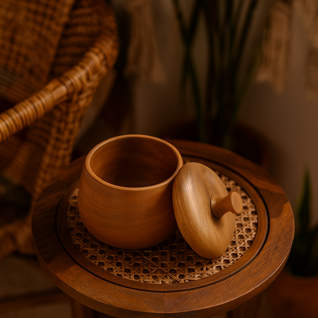 Acacia wood jar side view