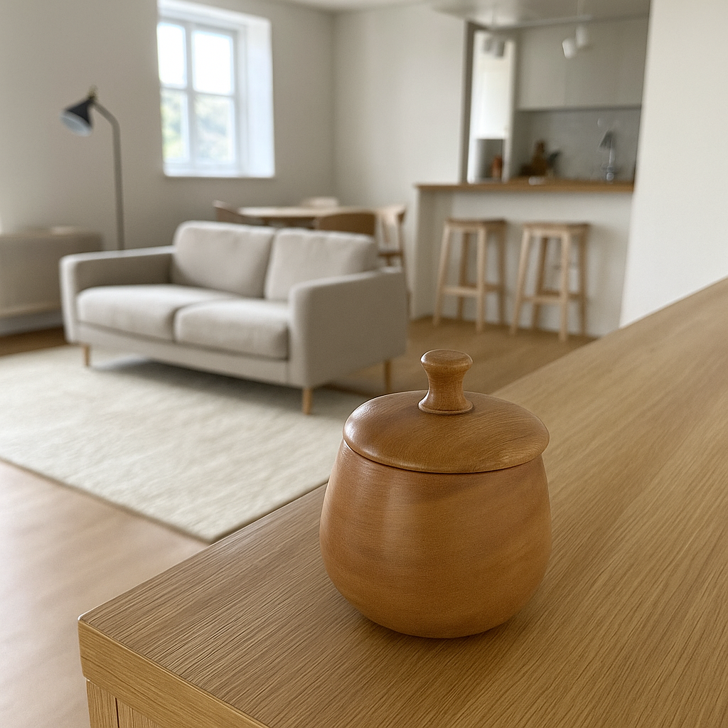 Acacia wood jar top-down view