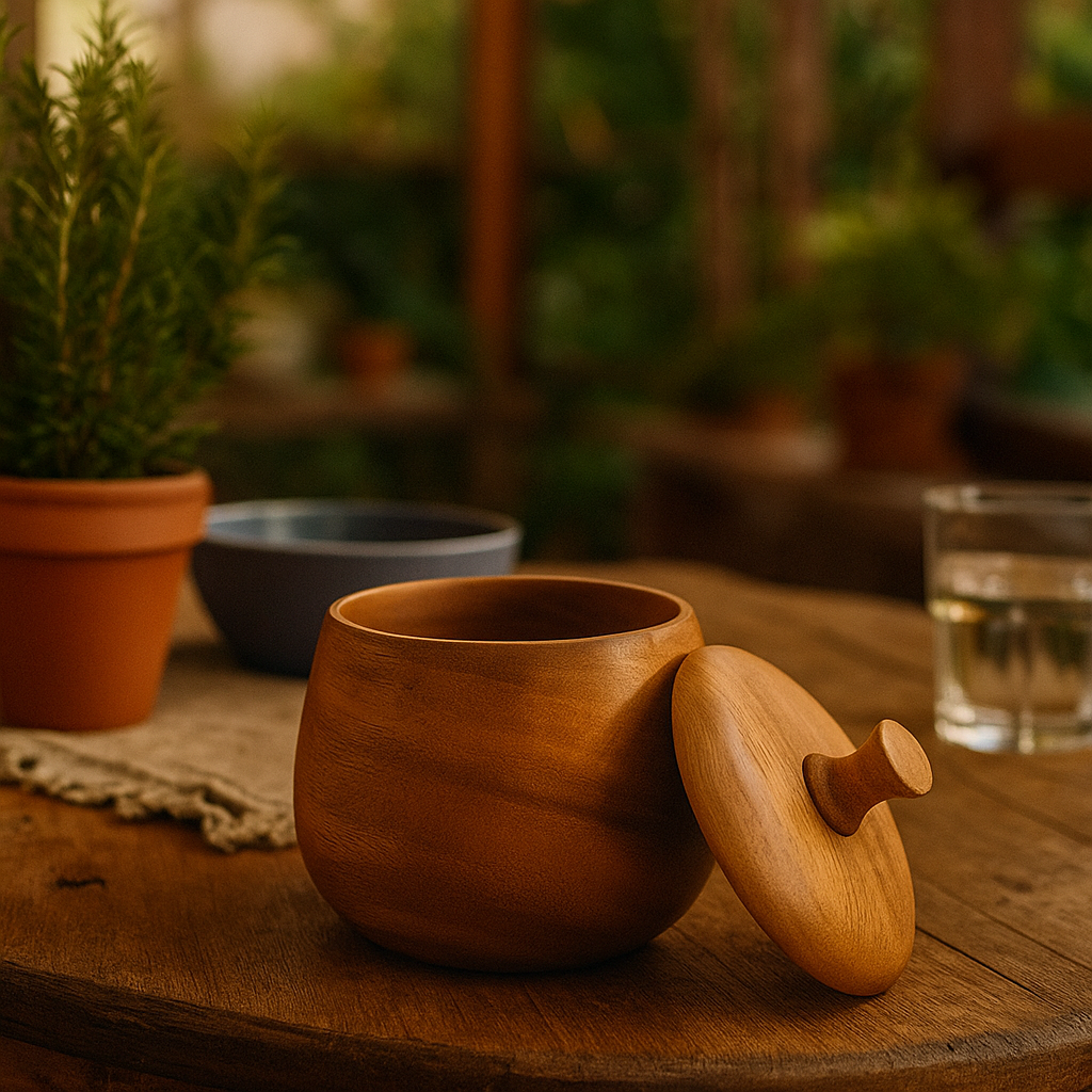 Acacia wood jar lid off showing inside