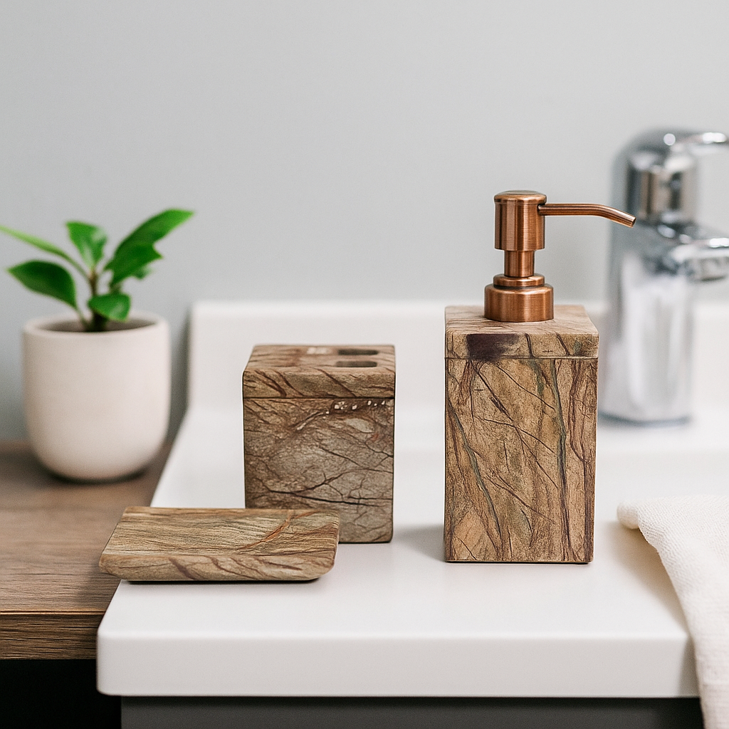Classic brown marble bath accessories set, elegant marble set