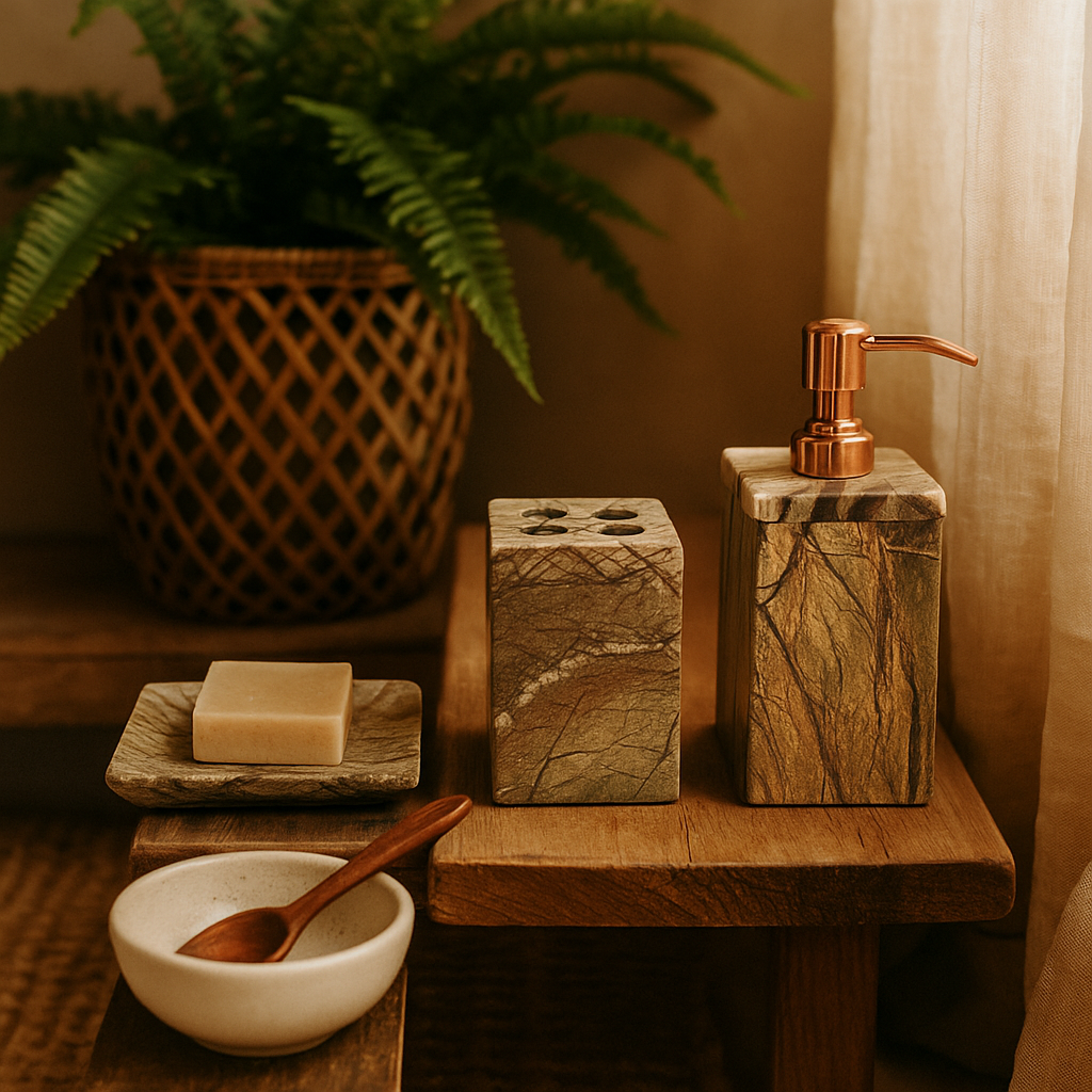 Brown marble bath set in boho bathroom lifestyle shot