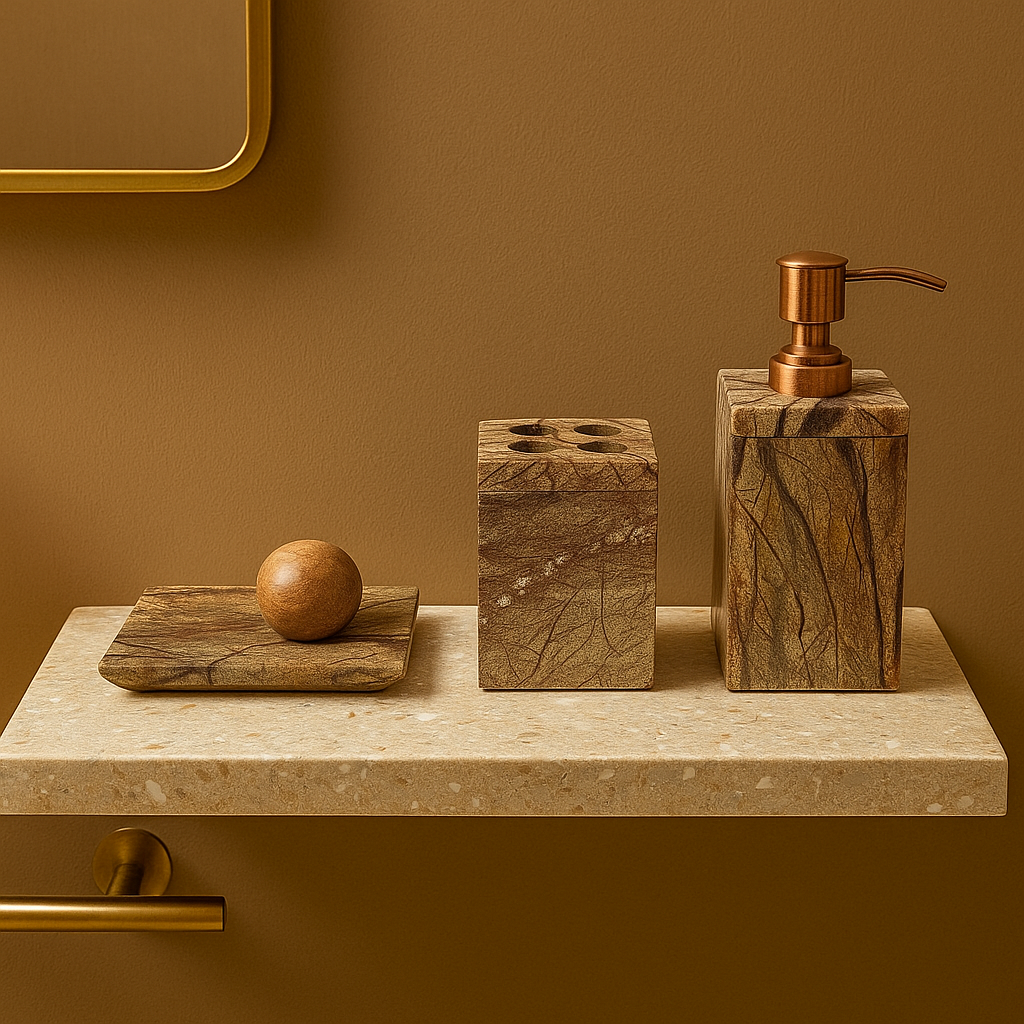 Brown marble bath accessories set of 3, dispenser, toothbrush holder, soap dish, 2414g