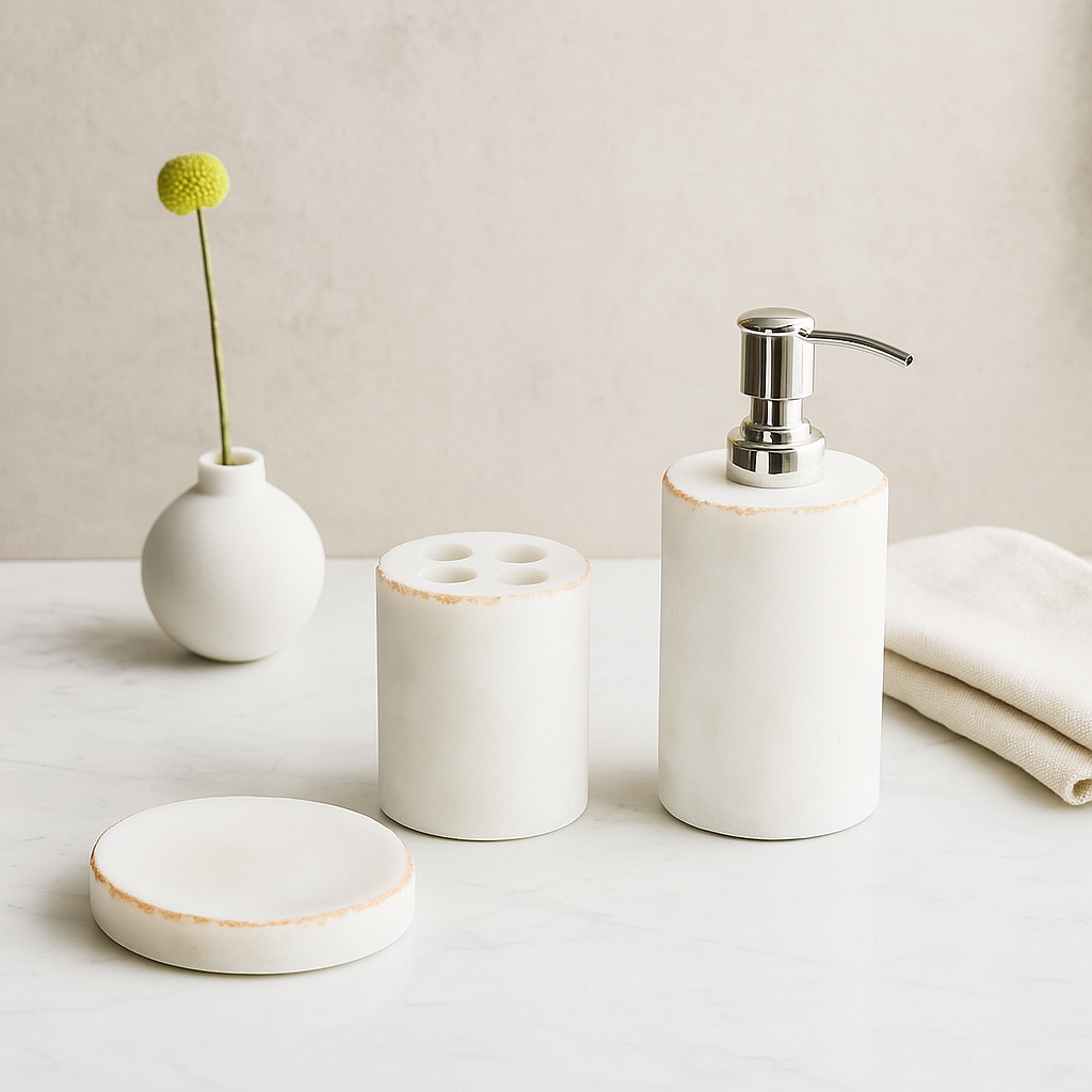 White marble bath accessories set in minimalist bathroom