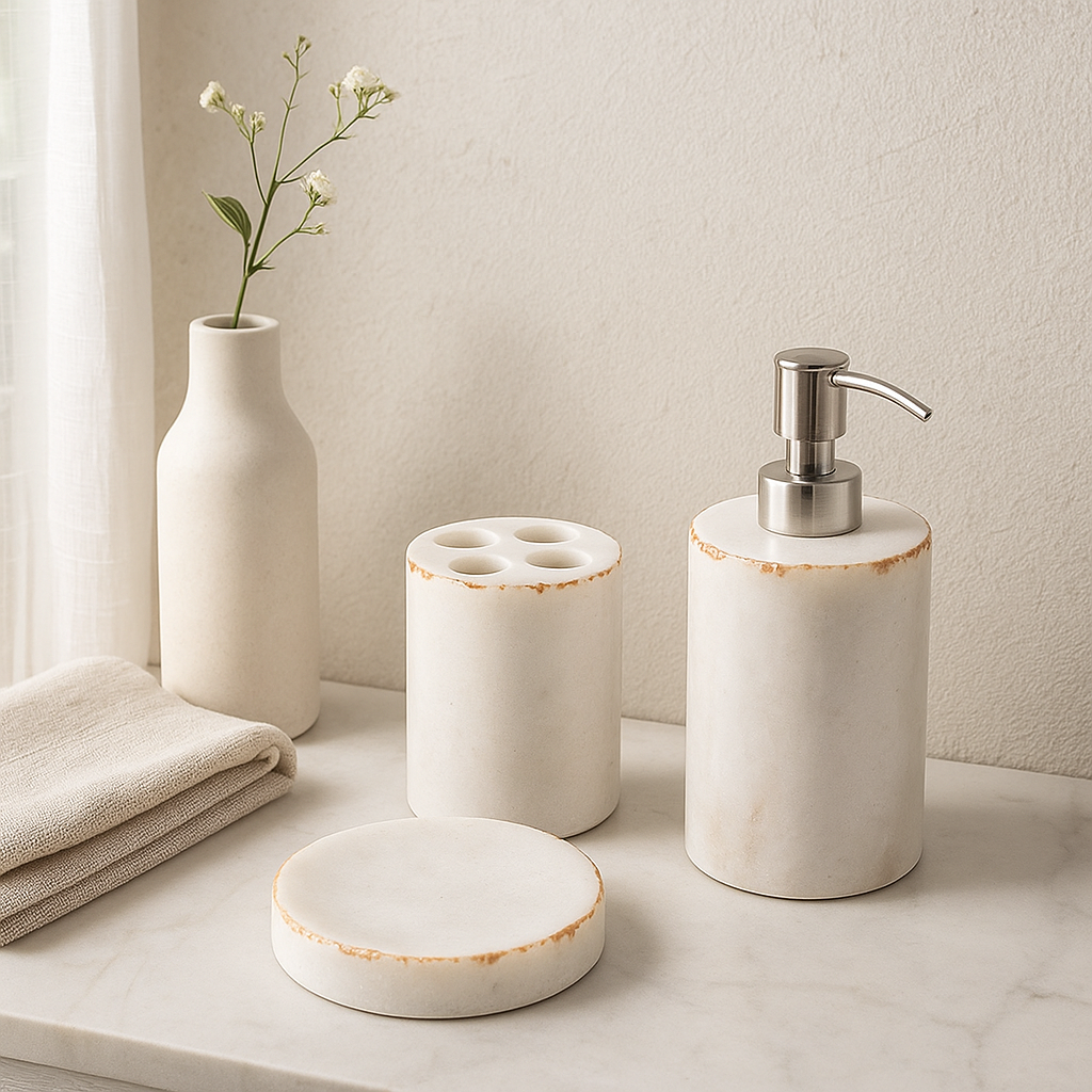 White marble bath accessories angled view with natural light