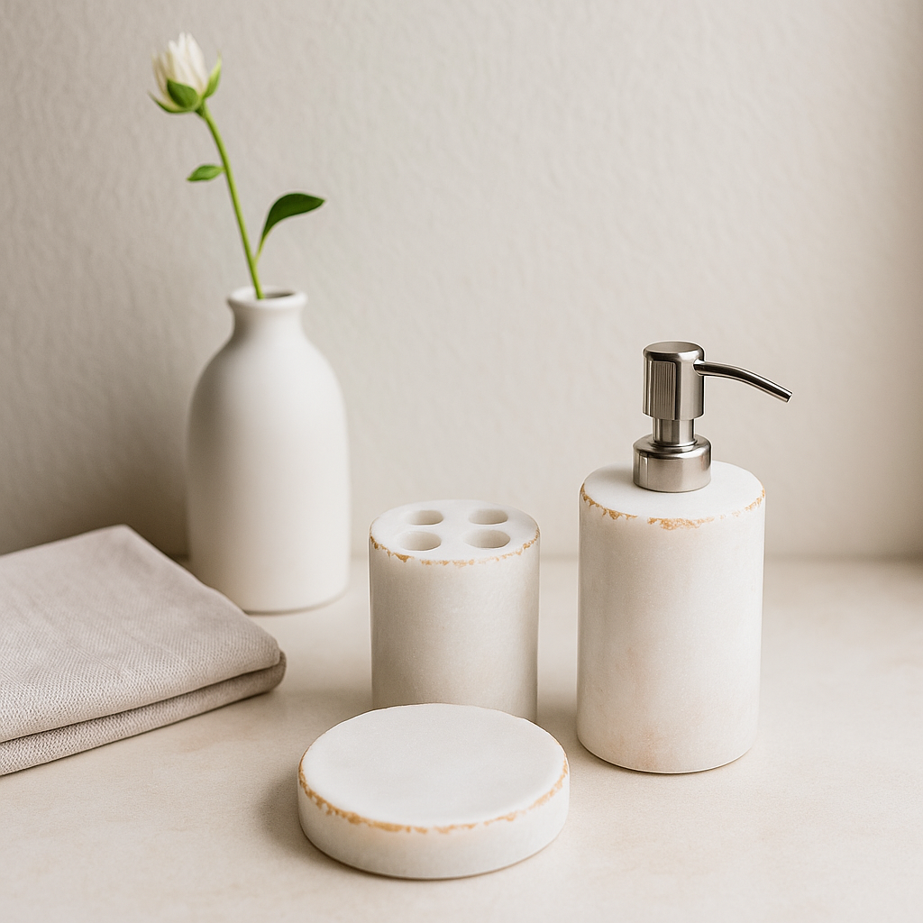 White marble bath set in minimalist bathroom lifestyle shot