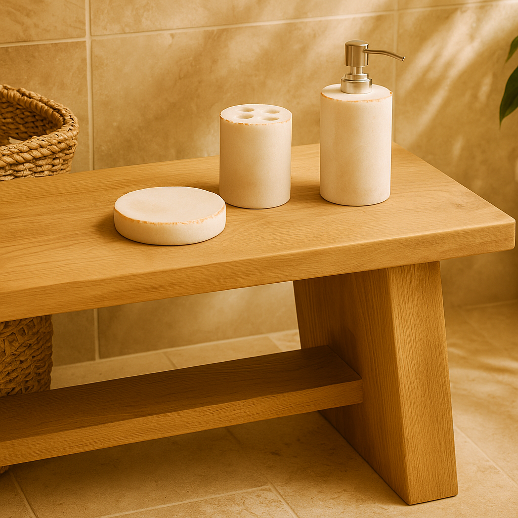 Classic white marble bath set, natural veining detail